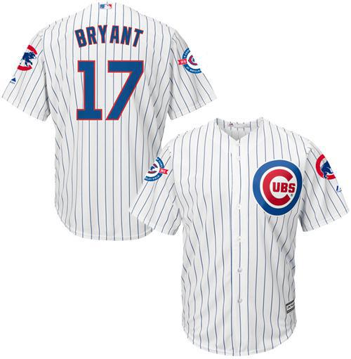 Cubs #17 Kris Bryant White Strip New Cool Base with 100 Years at Wrigley Field Commemorative Patch Stitched MLB Jersey - Click Image to Close